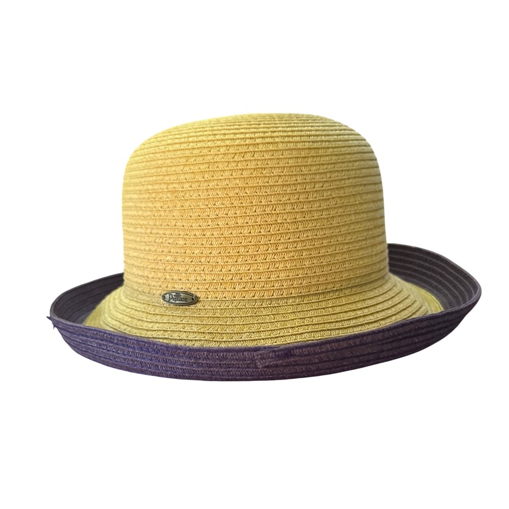 Papillon Straw Cloche Sun Hat Tan Purple Brim Beachy Cottagecore 7584 women's OS